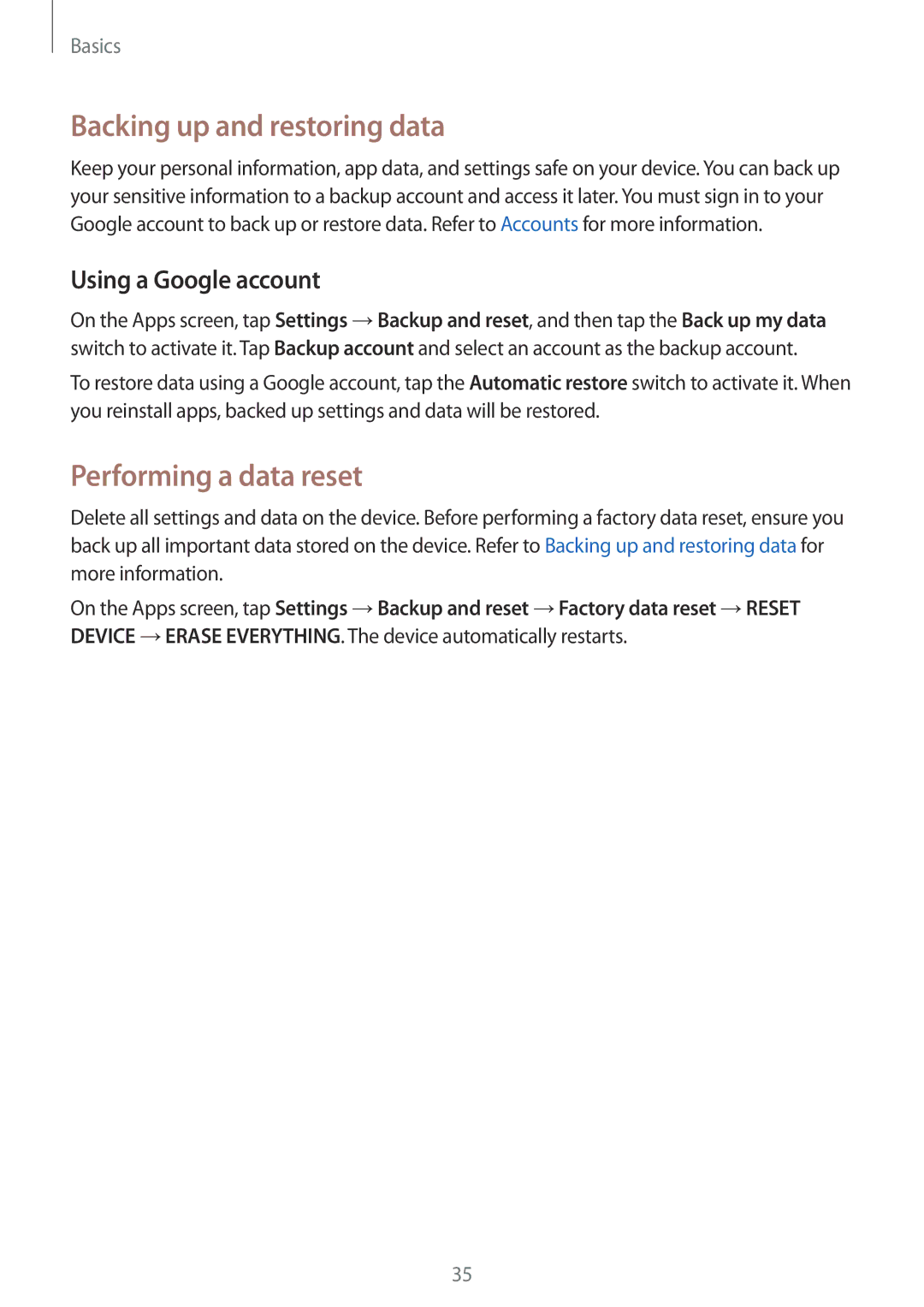 Samsung SM-J200HZWDSER, SM-J200FZKDKSA manual Backing up and restoring data, Performing a data reset, Using a Google account 