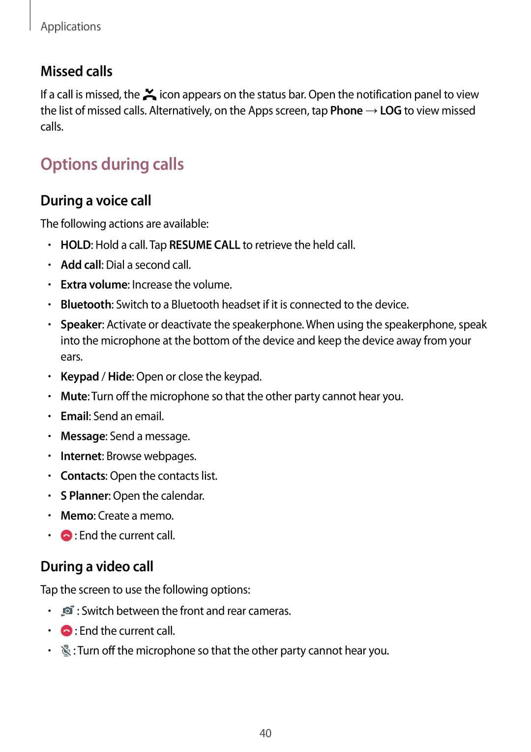 Samsung SM-J200FZWDKSA, SM-J200FZKDKSA manual Options during calls, Missed calls, During a voice call, During a video call 