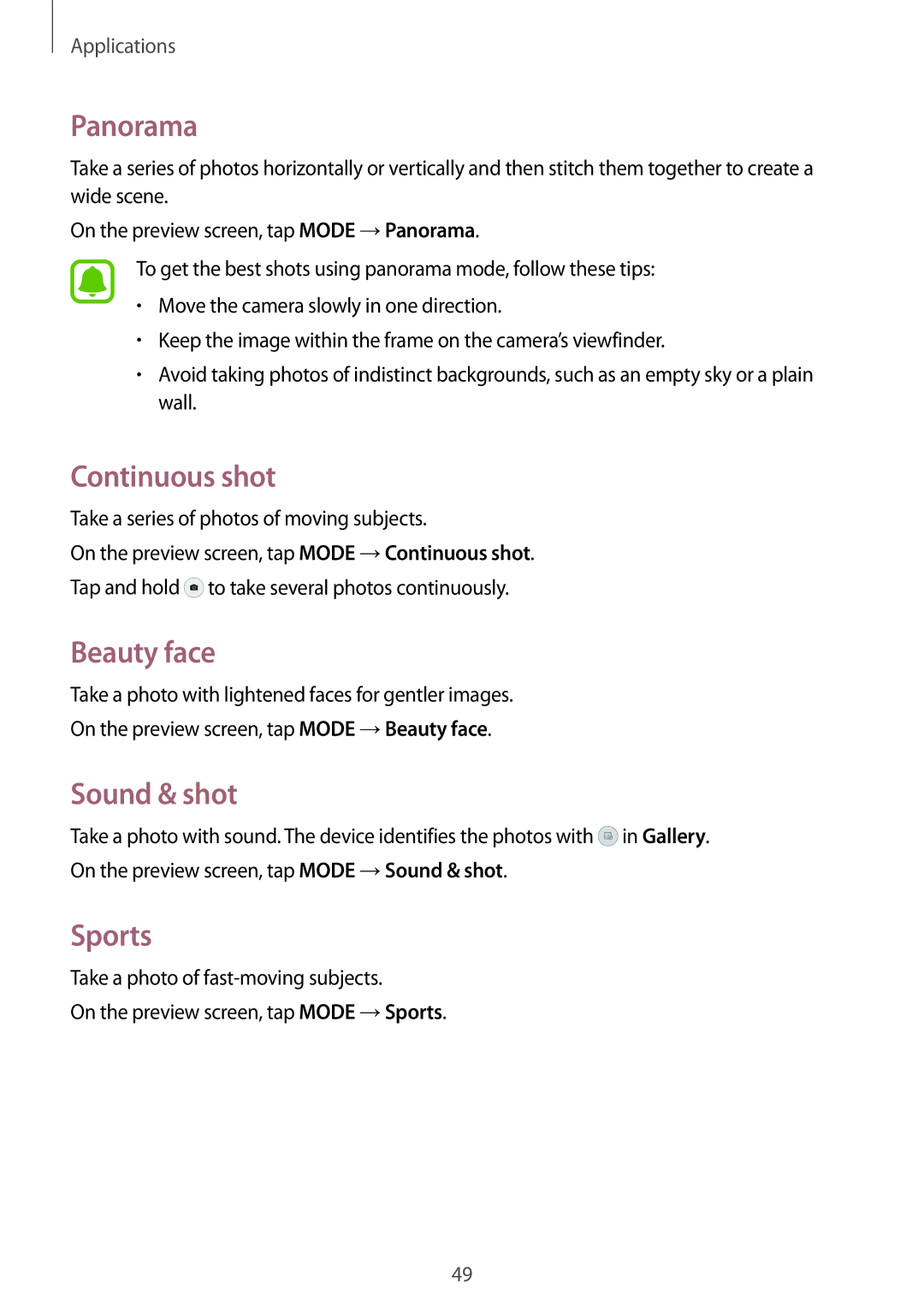 Samsung SM-J200FZDDKSA, SM-J200FZKDKSA, SM-J200HZDDKSA manual Panorama, Continuous shot, Beauty face, Sound & shot, Sports 
