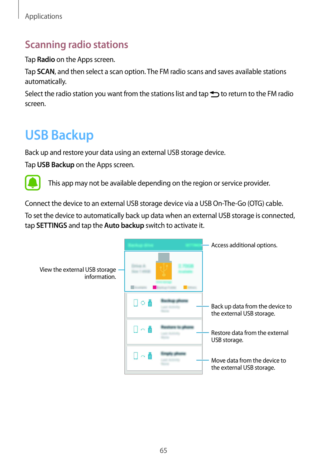 Samsung SM-J200HZWDKSA, SM-J200FZKDKSA, SM-J200FZDDKSA, SM-J200HZDDKSA, SM-J200HZKDKSA USB Backup, Scanning radio stations 