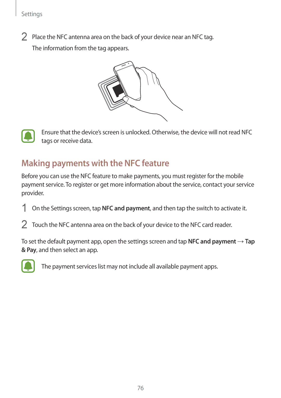 Samsung SM-J200FZWDKSA, SM-J200FZKDKSA, SM-J200FZDDKSA, SM-J200HZDDKSA, SM-J200HZKDKSA Making payments with the NFC feature 