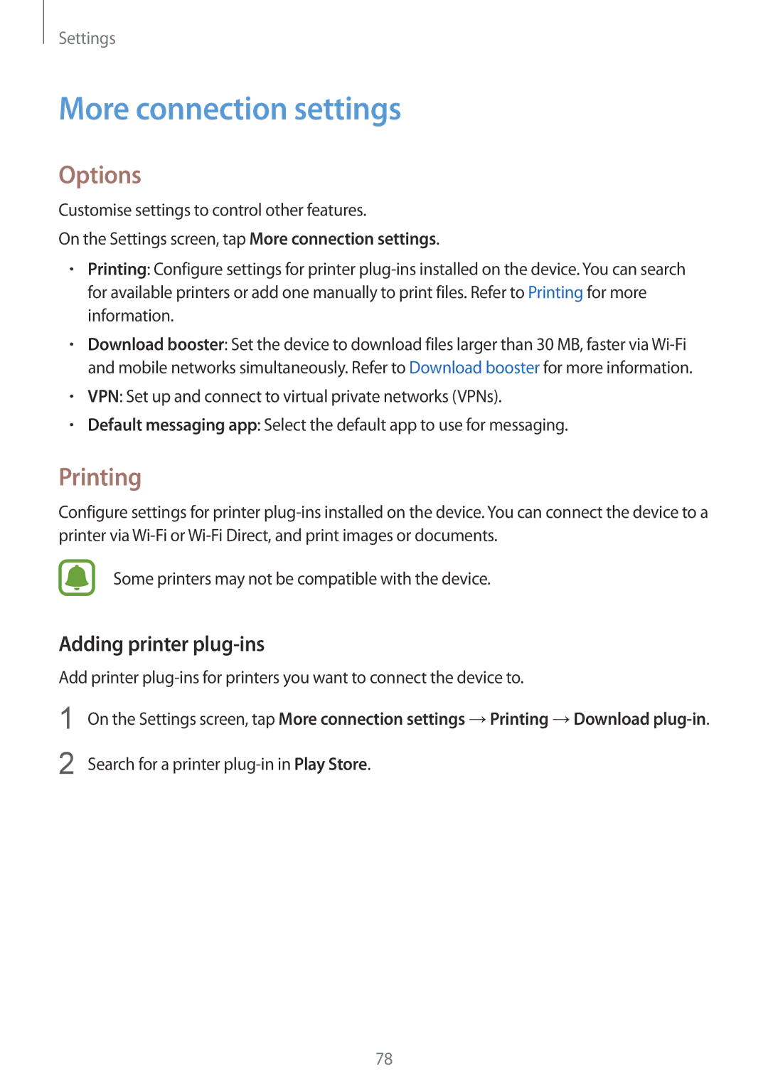 Samsung SM-J200HZDDSER, SM-J200FZKDKSA, SM-J200FZDDKSA More connection settings, Options, Printing, Adding printer plug-ins 