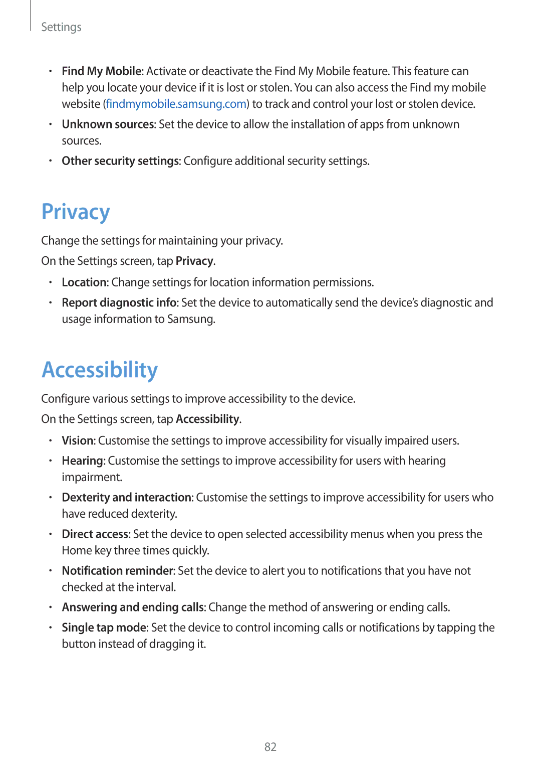 Samsung SM-J200HZWDSEK, SM-J200FZKDKSA, SM-J200FZDDKSA, SM-J200HZDDKSA, SM-J200HZKDKSA, SM-J200FZWDKSA Privacy, Accessibility 