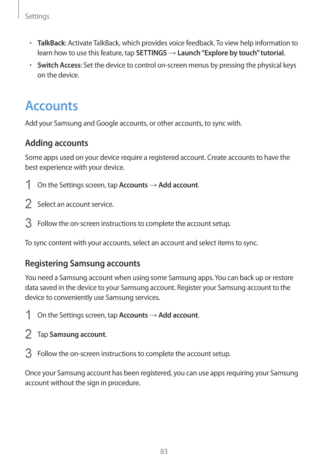 Samsung SM-J200HZWDSER, SM-J200FZKDKSA, SM-J200FZDDKSA manual Accounts, Adding accounts, Registering Samsung accounts 