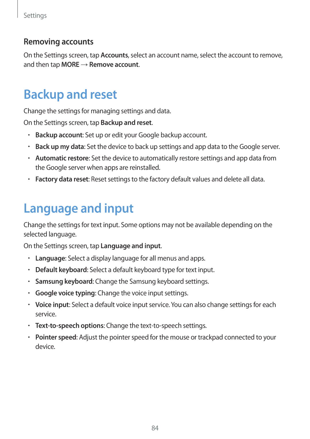 Samsung SM-J200FZKDKSA, SM-J200FZDDKSA, SM-J200HZDDKSA manual Backup and reset, Language and input, Removing accounts 