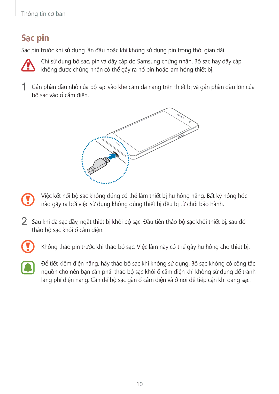 Samsung SM-J200GZDDXXV, SM-J200GZWDXXV manual Sạc pin 