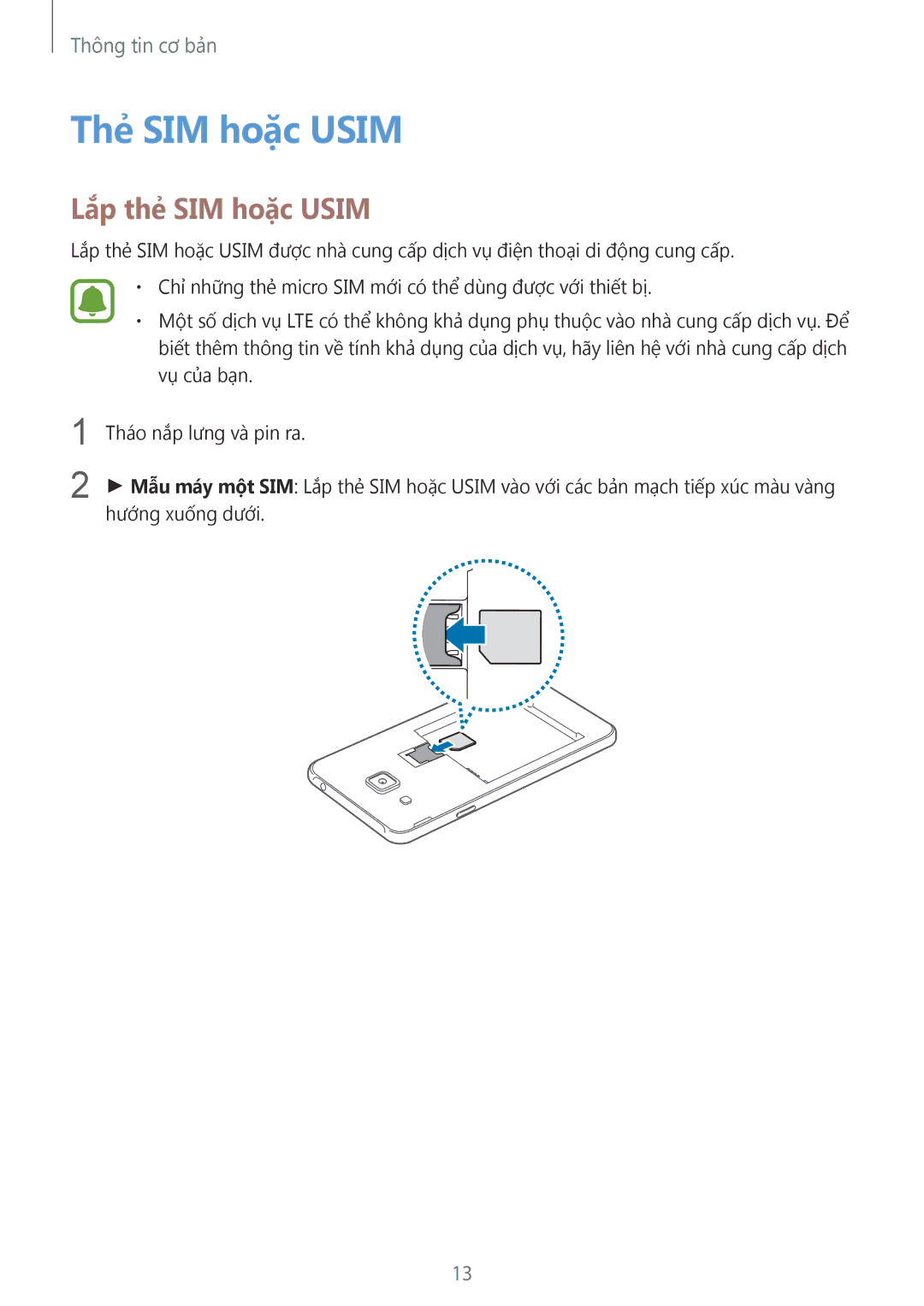 Samsung SM-J200GZWDXXV, SM-J200GZDDXXV manual Thẻ SIM hoặc Usim, Lắp thẻ SIM hoặc Usim 