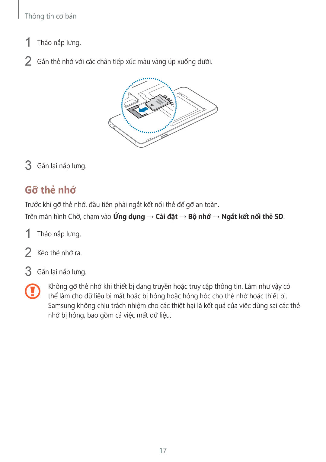 Samsung SM-J200GZWDXXV, SM-J200GZDDXXV manual Gỡ thẻ nhớ 