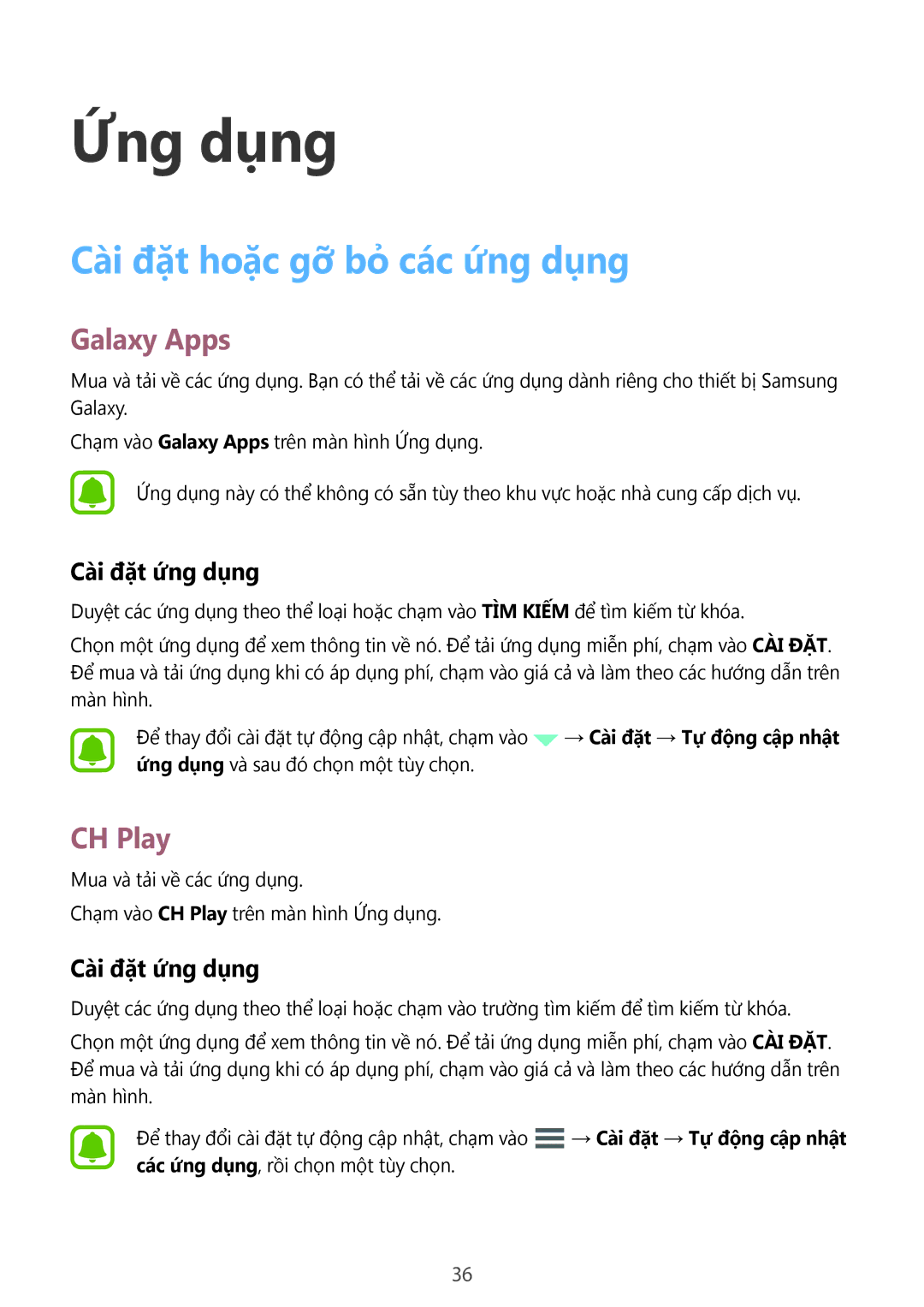 Samsung SM-J200GZDDXXV, SM-J200GZWDXXV manual Cài đặt hoặc gỡ bỏ các ứng dụng, Galaxy Apps, CH Play, Cài đặt ứng dụng 