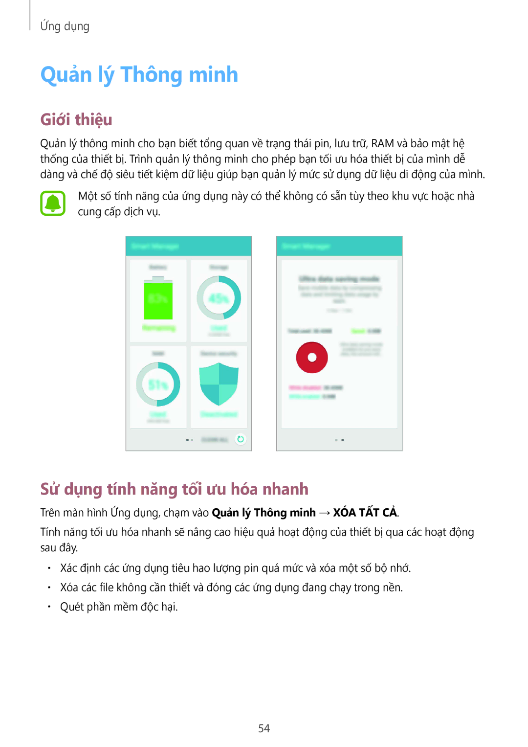 Samsung SM-J200GZDDXXV, SM-J200GZWDXXV manual Quản lý Thông minh, Sử dụng tính năng tối ưu hóa nhanh 