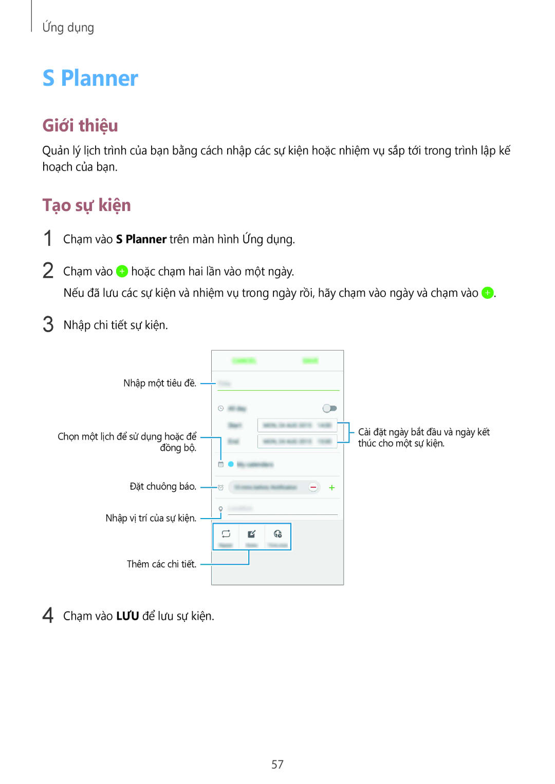 Samsung SM-J200GZWDXXV, SM-J200GZDDXXV manual Planner, Tạo sự kiện 