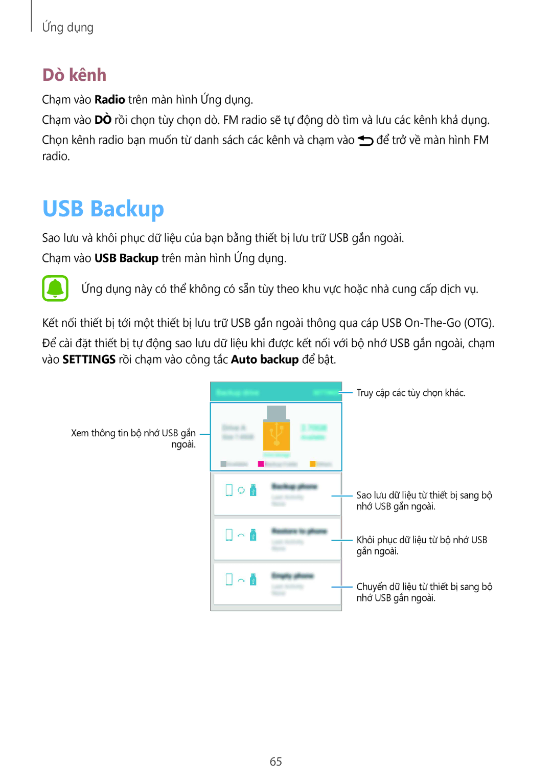 Samsung SM-J200GZWDXXV, SM-J200GZDDXXV manual USB Backup, Dò kênh 