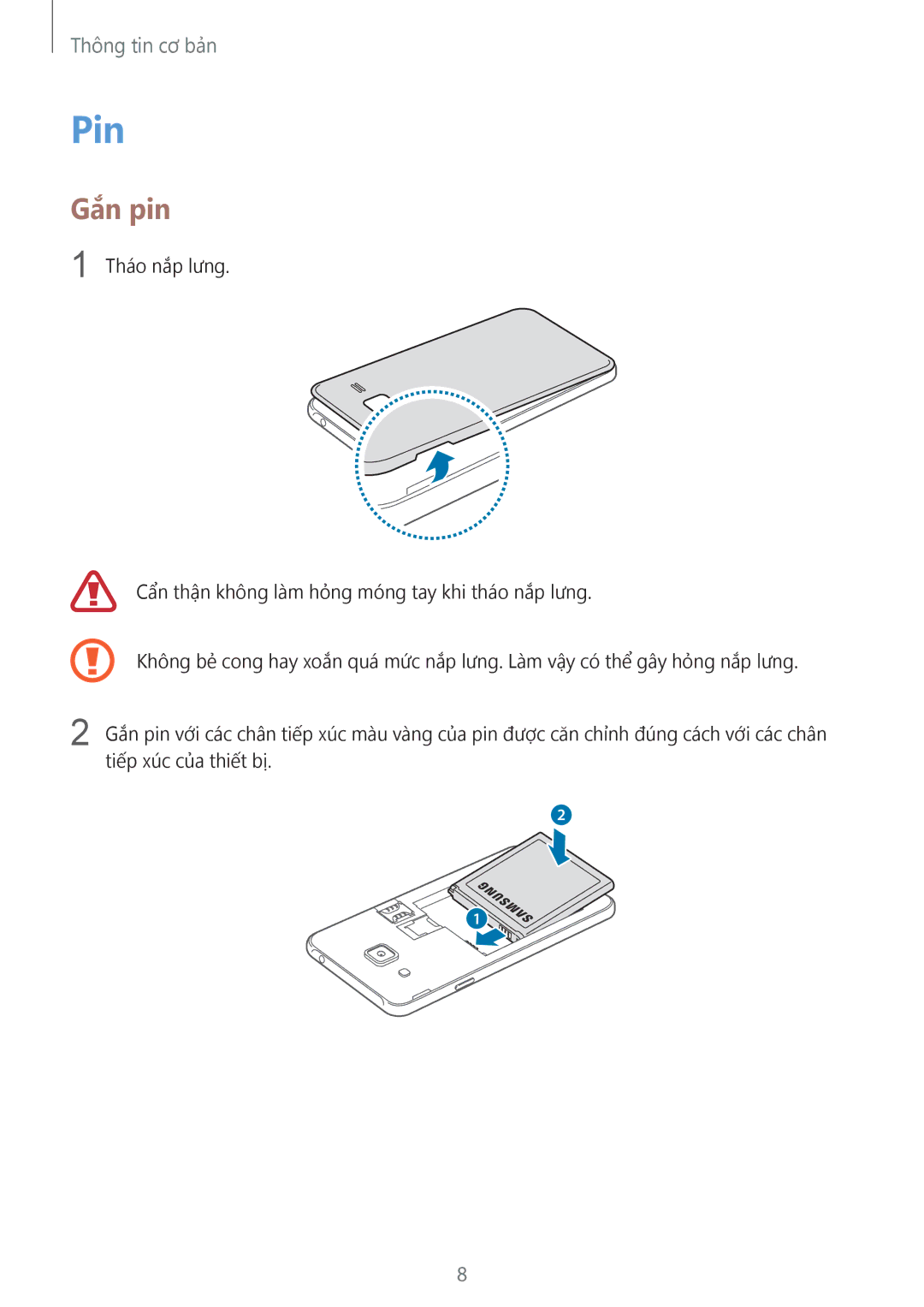 Samsung SM-J200GZDDXXV, SM-J200GZWDXXV manual Pin, Gắn pin 