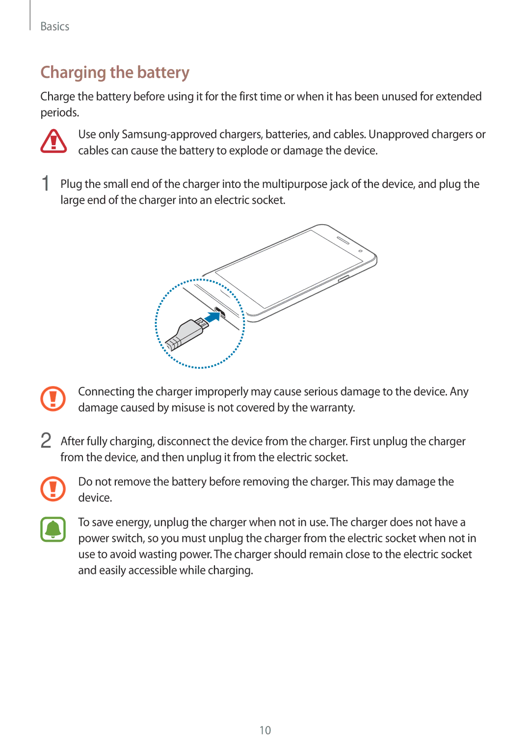 Samsung SM-J200GZDDXXV, SM-J200GZWDXXV manual Charging the battery 