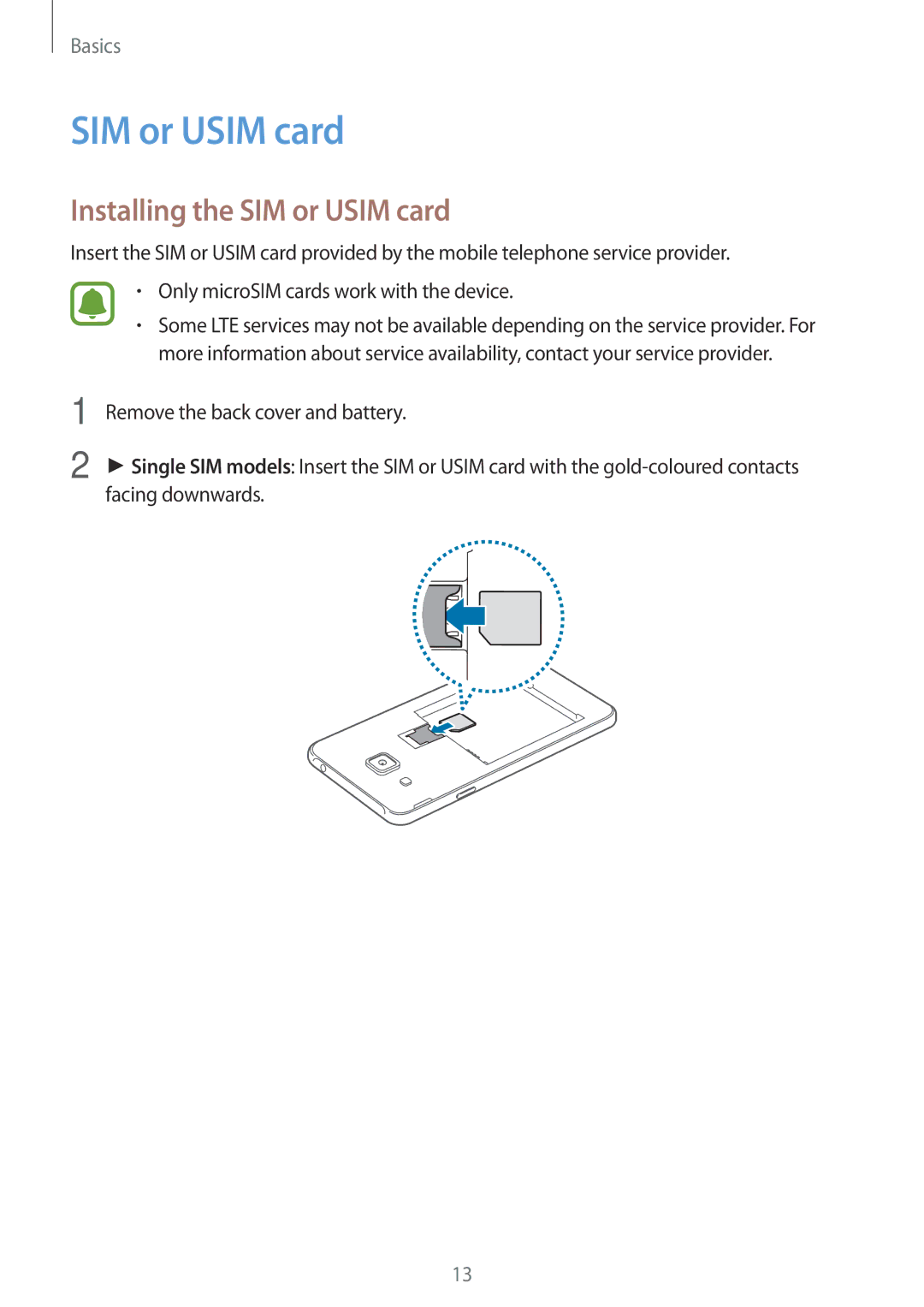 Samsung SM-J200GZWDXXV, SM-J200GZDDXXV manual Installing the SIM or Usim card 