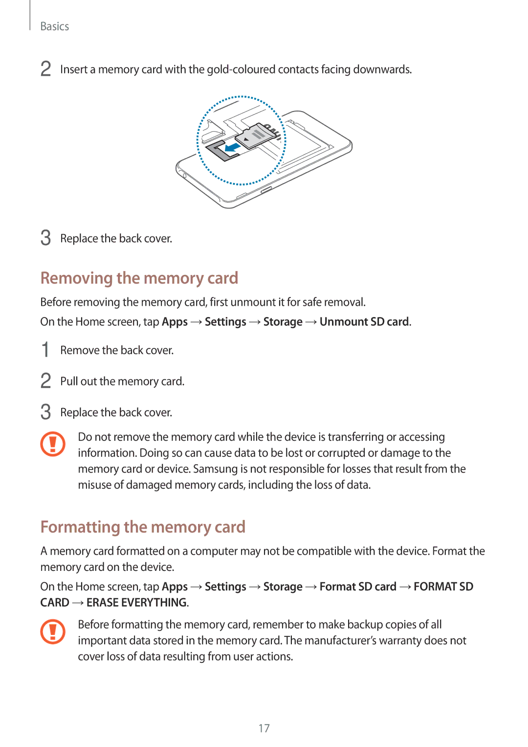 Samsung SM-J200GZWDXXV, SM-J200GZDDXXV manual Removing the memory card, Formatting the memory card 