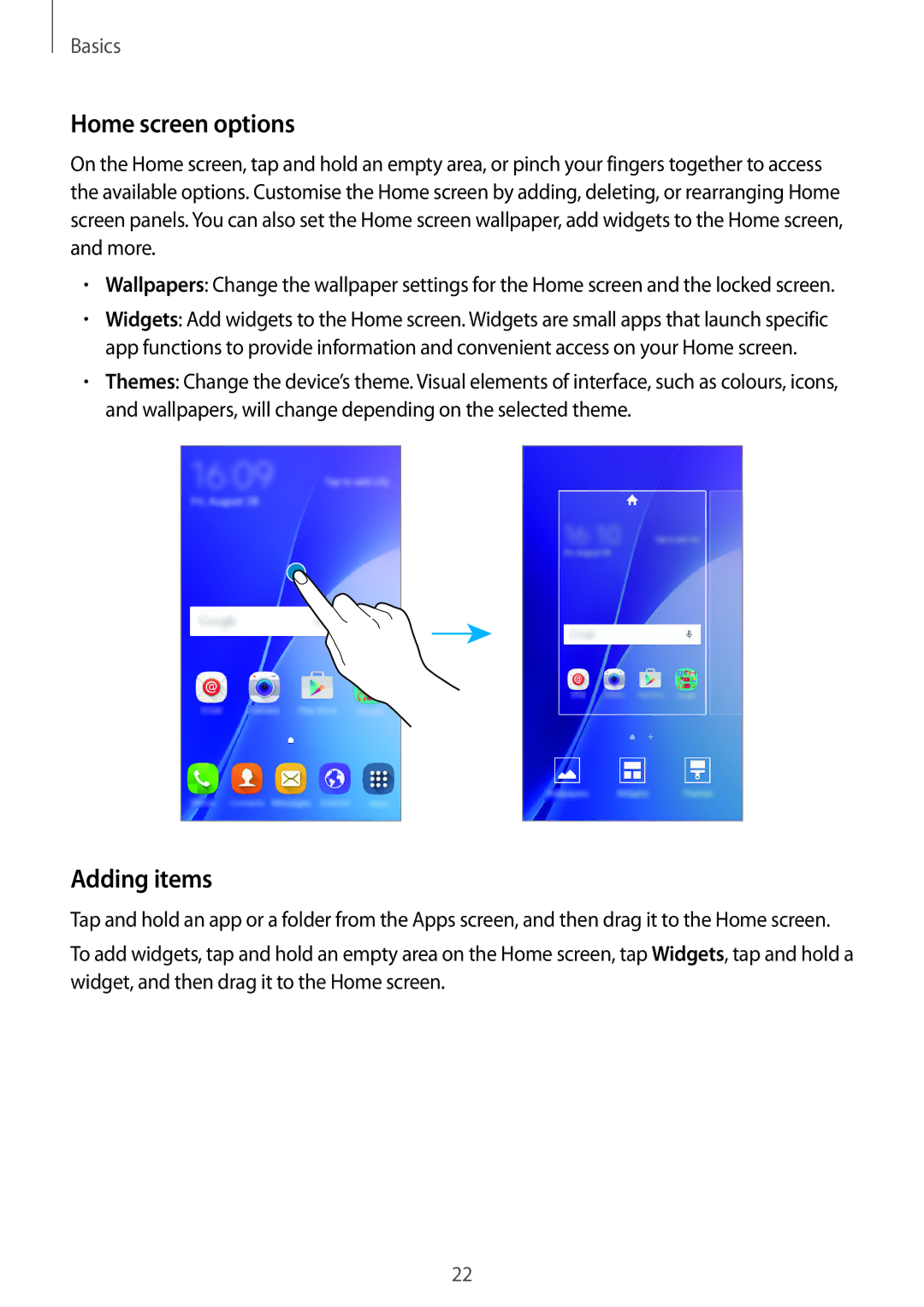 Samsung SM-J200GZDDXXV, SM-J200GZWDXXV manual Home screen options, Adding items 