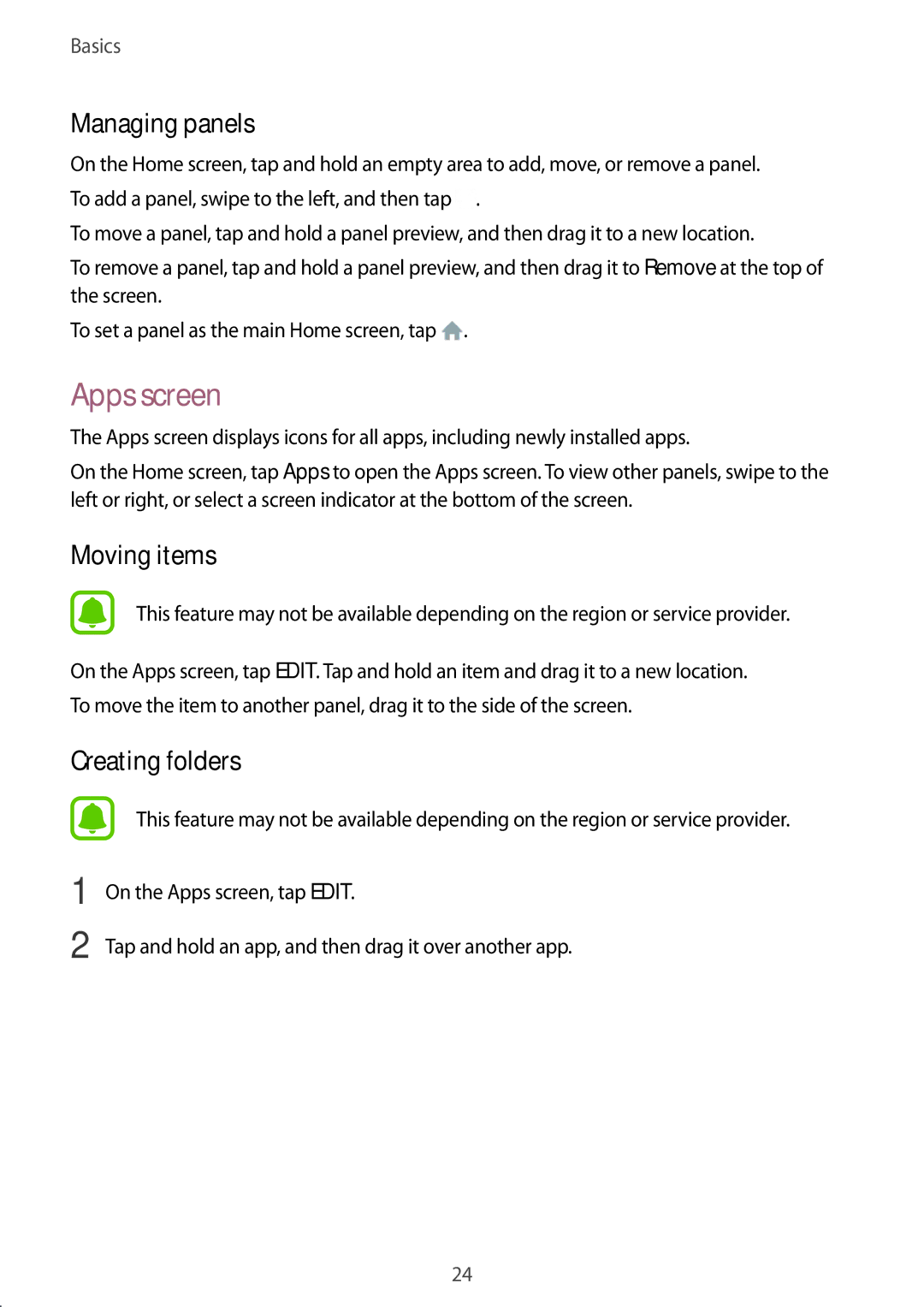 Samsung SM-J200GZDDXXV, SM-J200GZWDXXV manual Apps screen, Managing panels, Moving items 