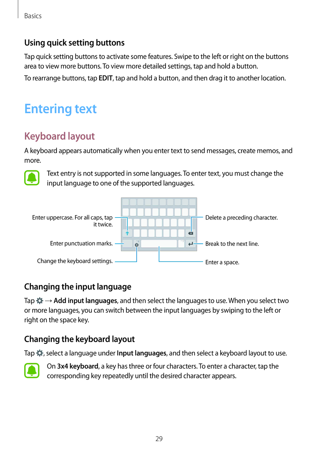 Samsung SM-J200GZWDXXV manual Entering text, Keyboard layout, Using quick setting buttons, Changing the input language 