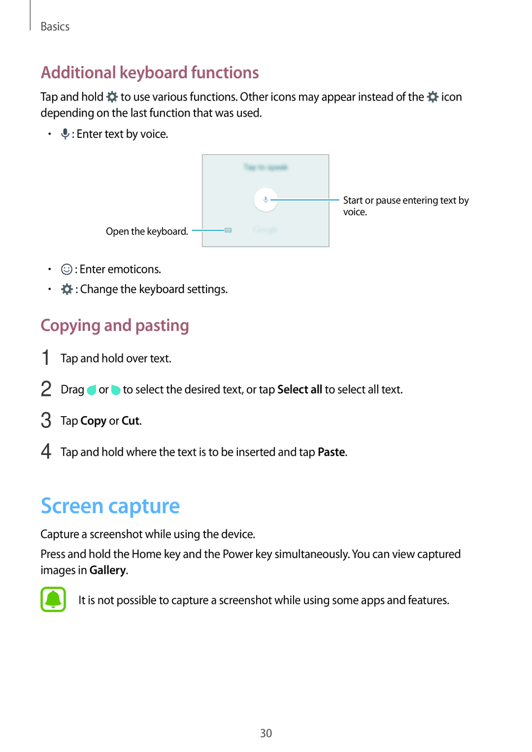 Samsung SM-J200GZDDXXV, SM-J200GZWDXXV manual Screen capture, Additional keyboard functions, Copying and pasting 