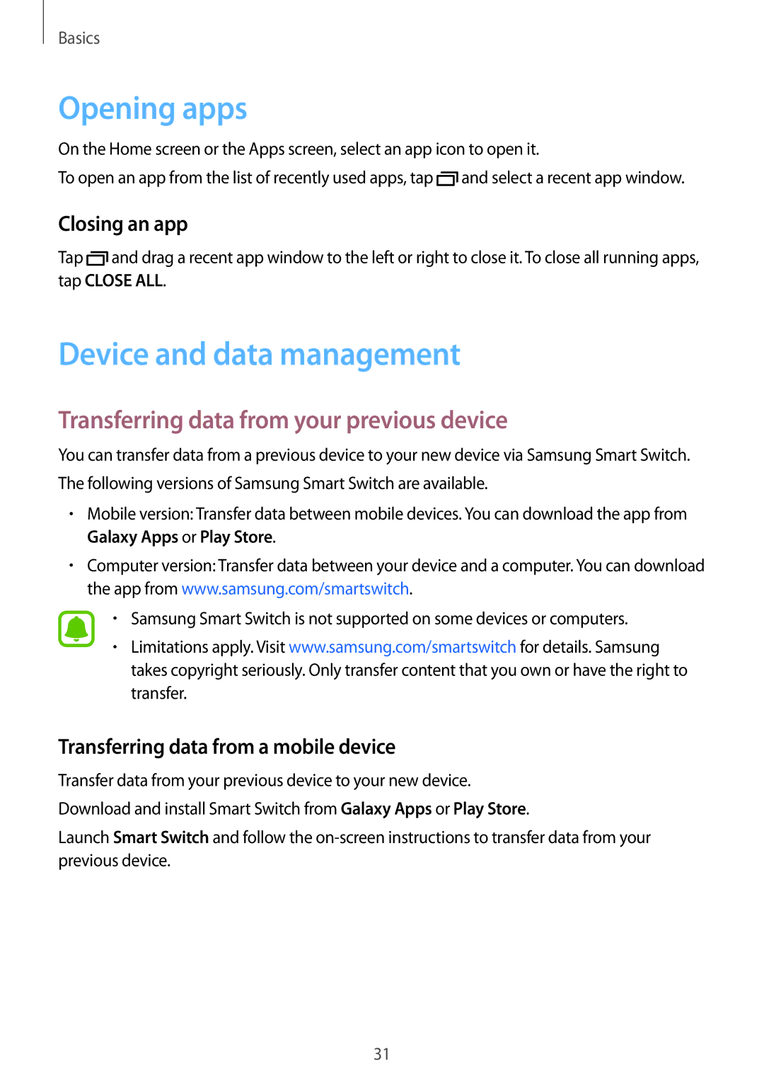 Samsung SM-J200GZWDXXV manual Opening apps, Device and data management, Transferring data from your previous device 