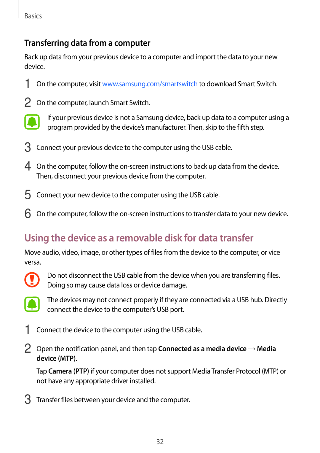 Samsung SM-J200GZDDXXV manual Using the device as a removable disk for data transfer, Transferring data from a computer 