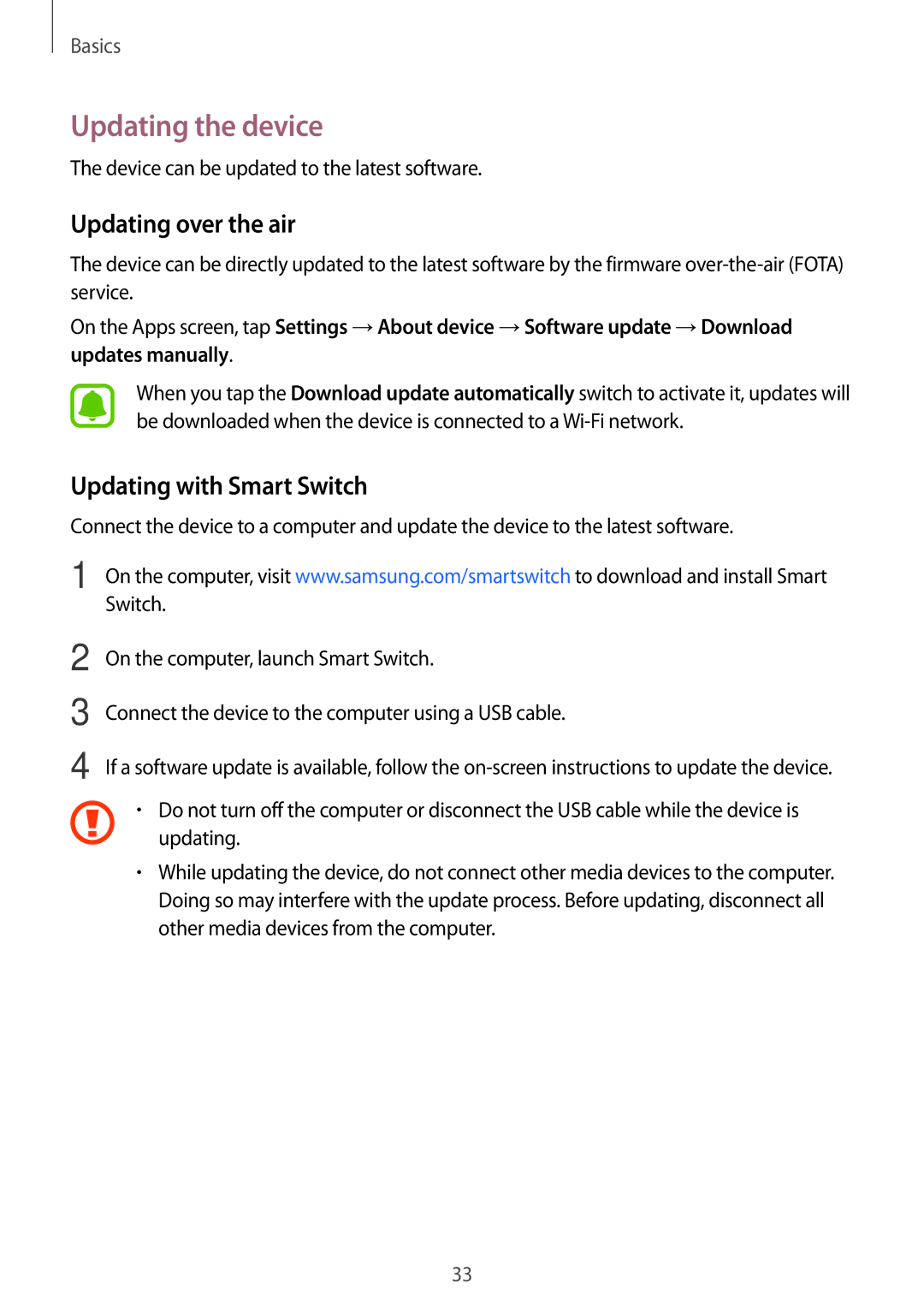 Samsung SM-J200GZWDXXV, SM-J200GZDDXXV manual Updating the device, Updating over the air, Updating with Smart Switch 