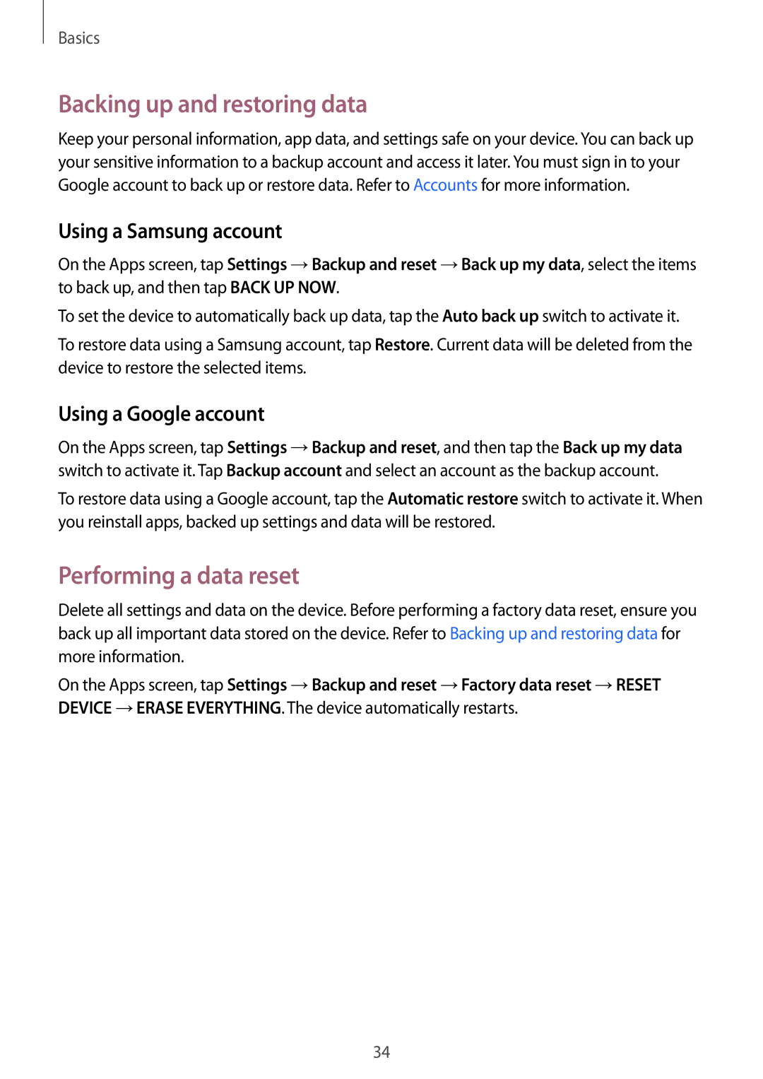 Samsung SM-J200GZDDXXV, SM-J200GZWDXXV Backing up and restoring data, Performing a data reset, Using a Samsung account 