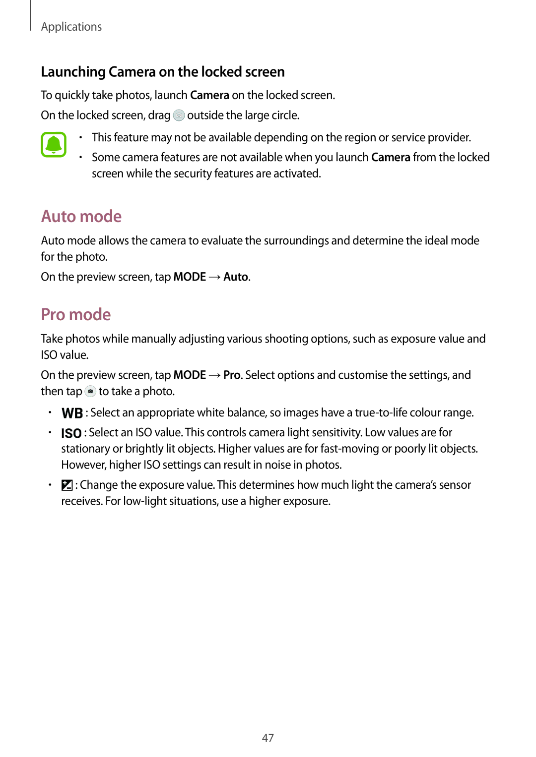 Samsung SM-J200GZWDXXV, SM-J200GZDDXXV manual Auto mode, Pro mode, Launching Camera on the locked screen 