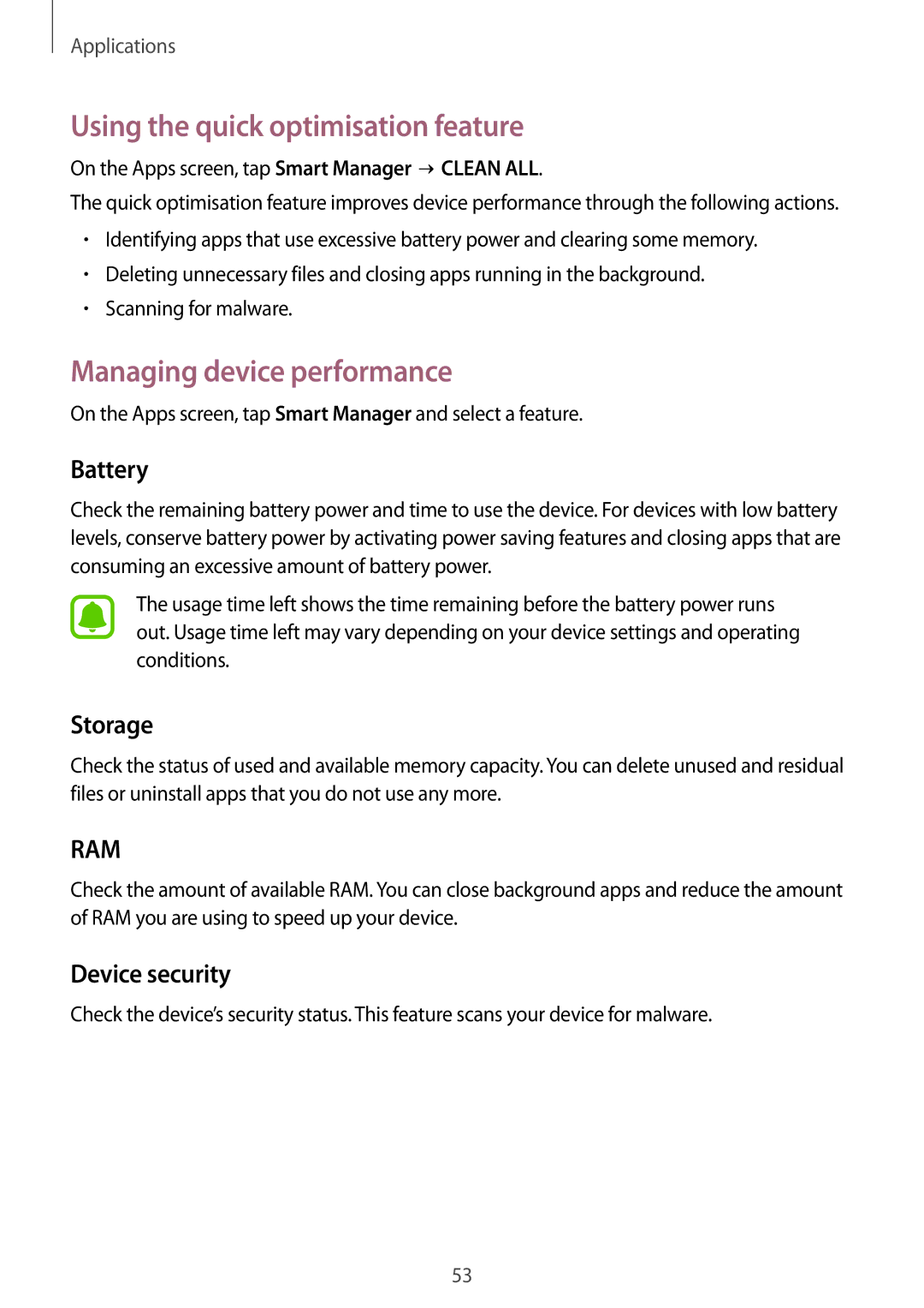 Samsung SM-J200GZWDXXV, SM-J200GZDDXXV Using the quick optimisation feature, Managing device performance, Battery, Storage 