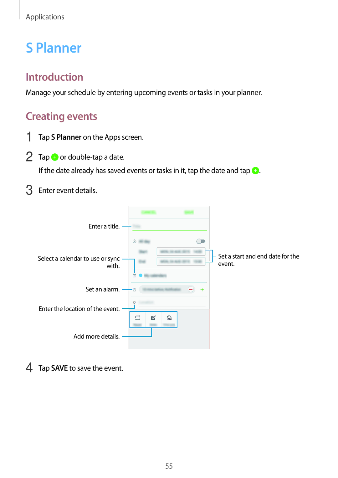 Samsung SM-J200GZWDXXV, SM-J200GZDDXXV manual Planner, Creating events 