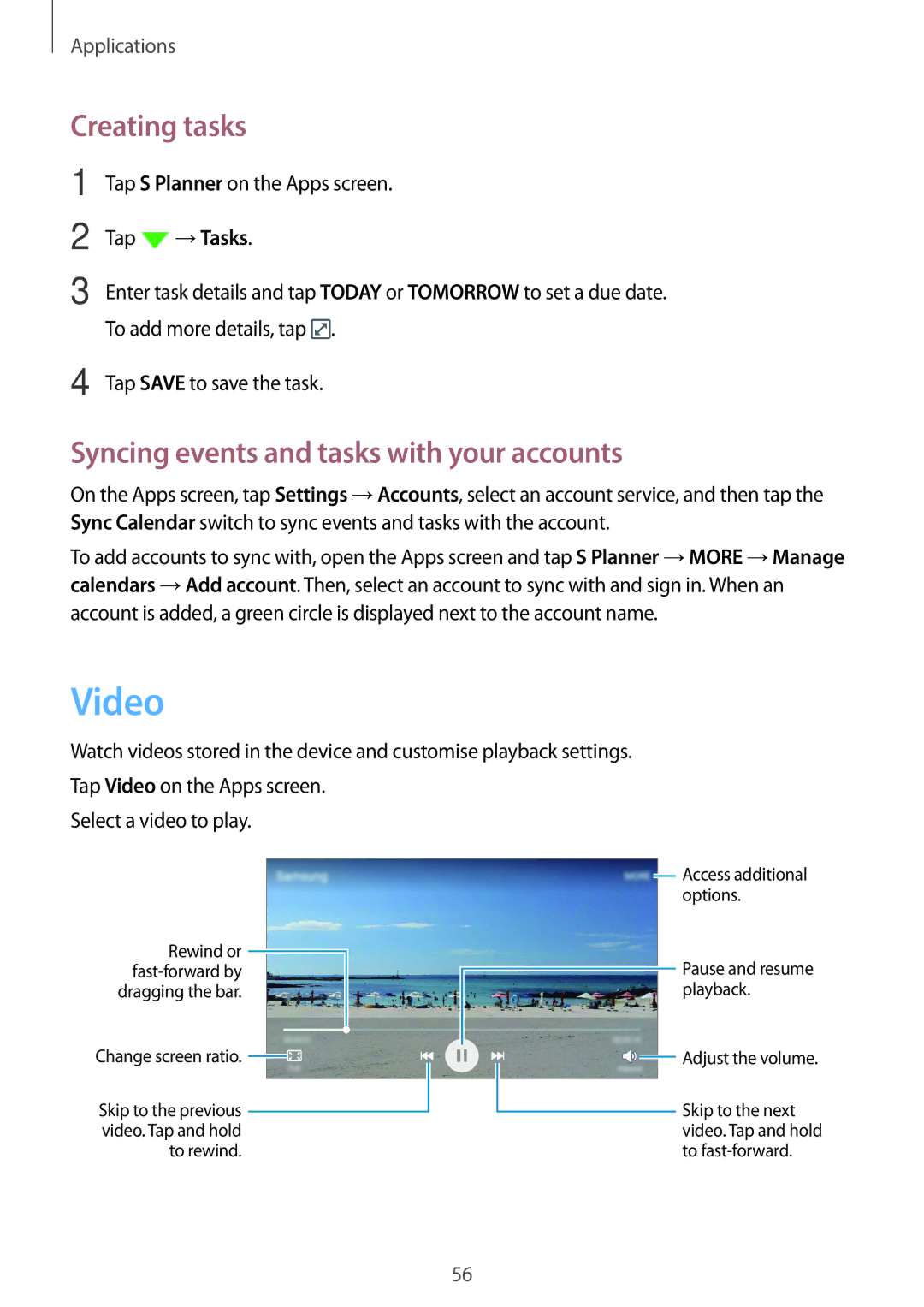 Samsung SM-J200GZDDXXV, SM-J200GZWDXXV manual Video, Creating tasks, Syncing events and tasks with your accounts 