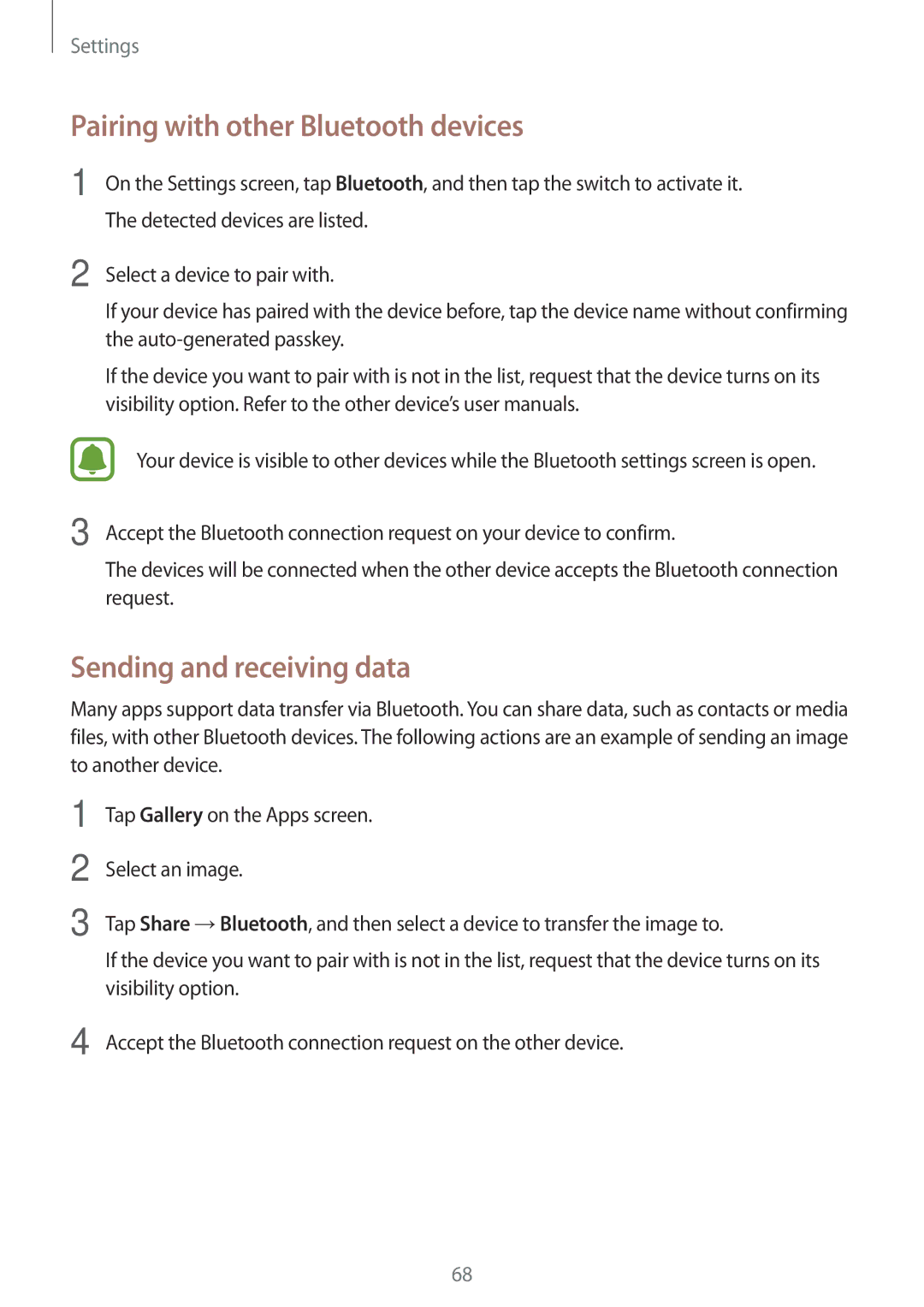 Samsung SM-J200GZDDXXV, SM-J200GZWDXXV manual Pairing with other Bluetooth devices, Sending and receiving data 