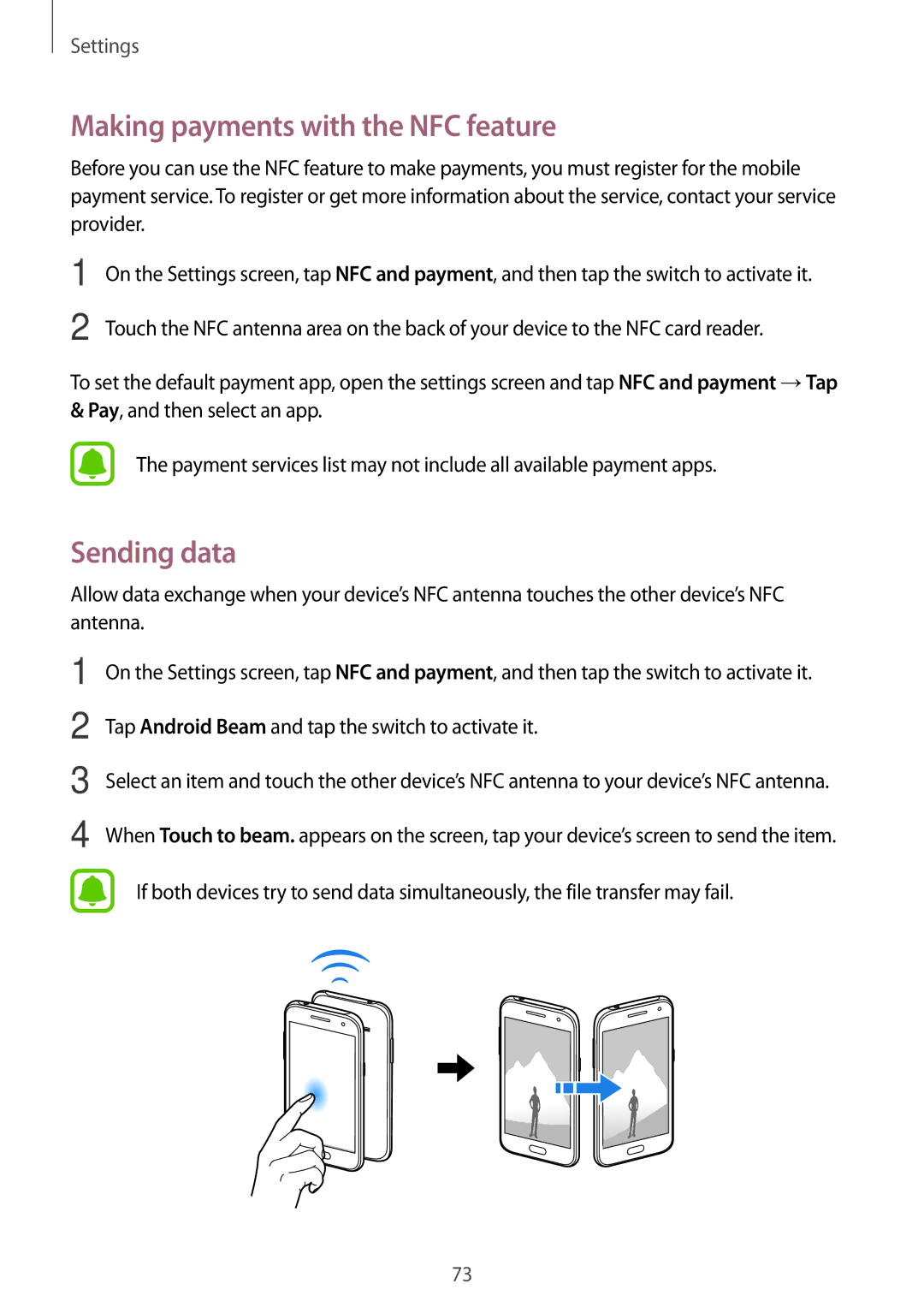 Samsung SM-J200GZWDXXV, SM-J200GZDDXXV manual Making payments with the NFC feature, Sending data 