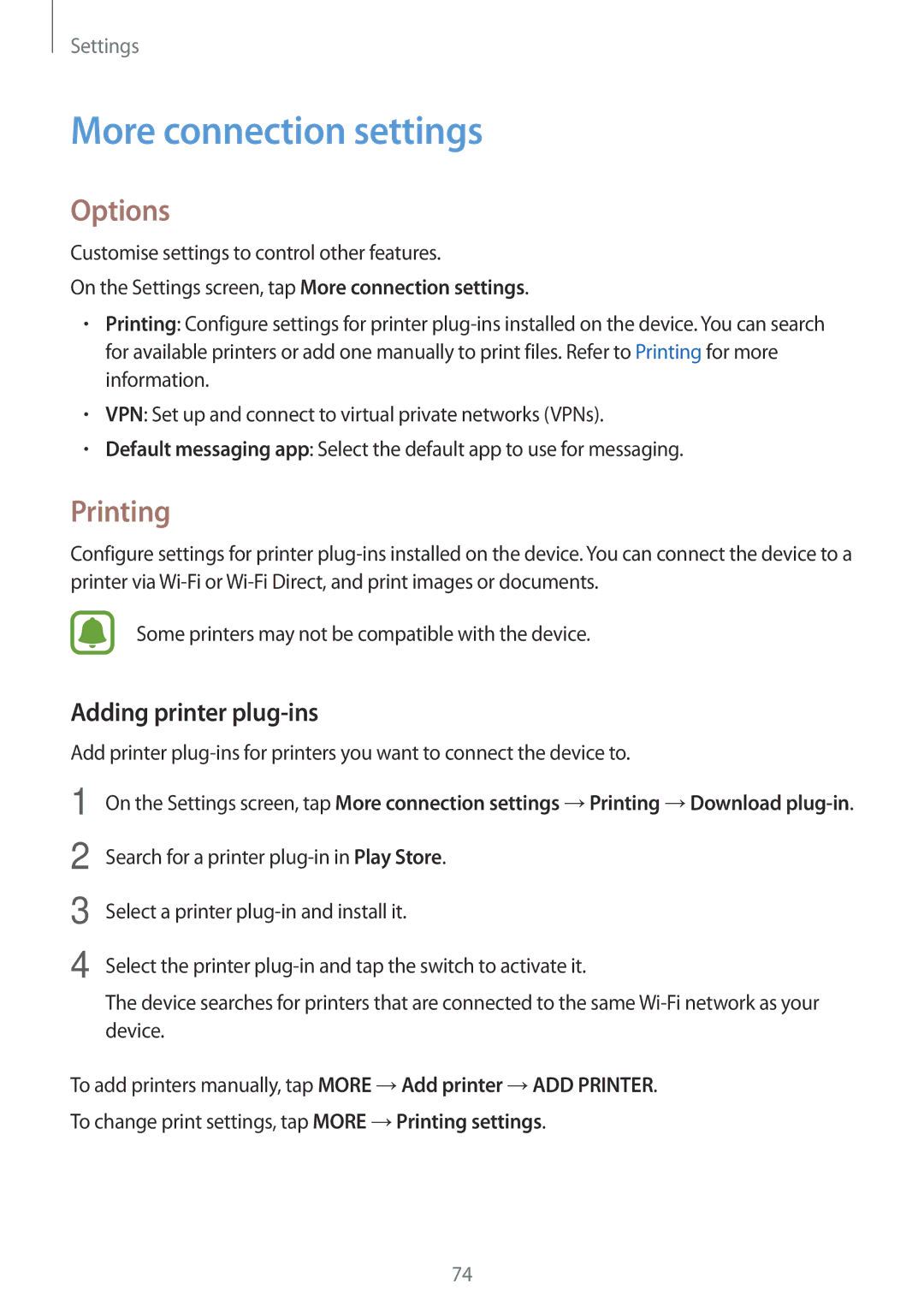 Samsung SM-J200GZDDXXV, SM-J200GZWDXXV manual More connection settings, Options, Printing, Adding printer plug-ins 