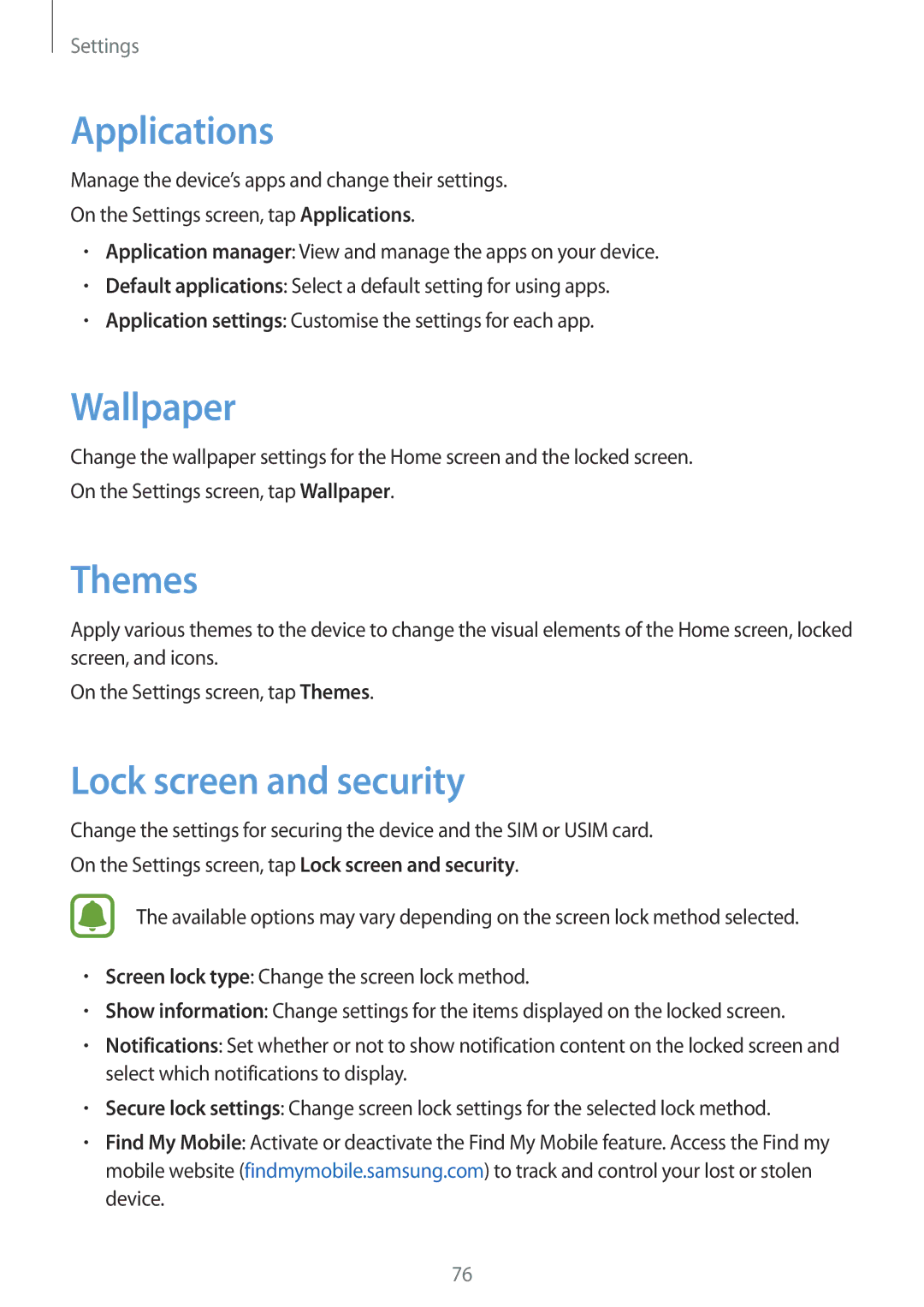 Samsung SM-J200GZDDXXV, SM-J200GZWDXXV manual Applications, Wallpaper, Themes, Lock screen and security 