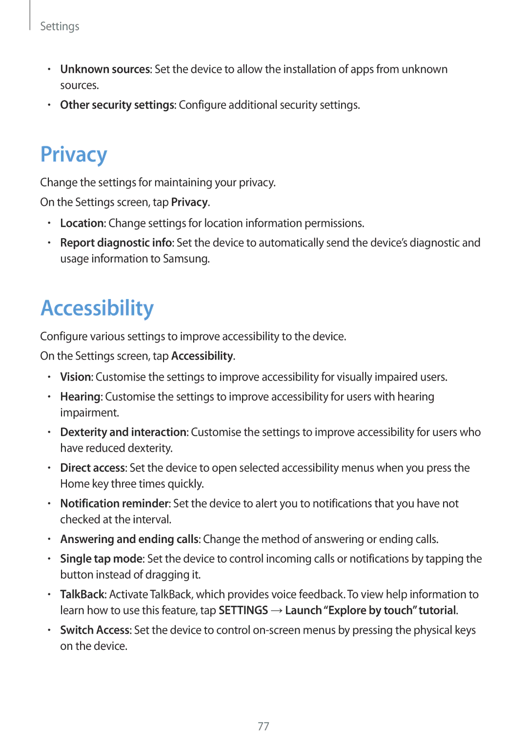 Samsung SM-J200GZWDXXV, SM-J200GZDDXXV manual Privacy, Accessibility 