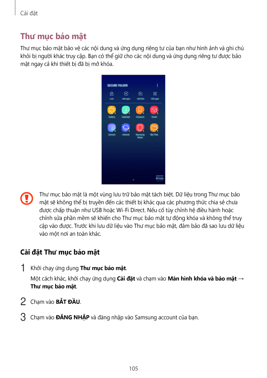 Samsung SM-J250FZDDXXV, SM-J250FZKDXXV, SM-J250FZSDXXV manual Cài đặt Thư mục bảo mật 