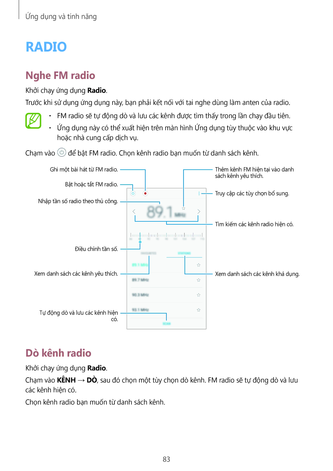 Samsung SM-J250FZSDXXV, SM-J250FZDDXXV, SM-J250FZKDXXV manual Nghe FM radio, Dò kênh radio 
