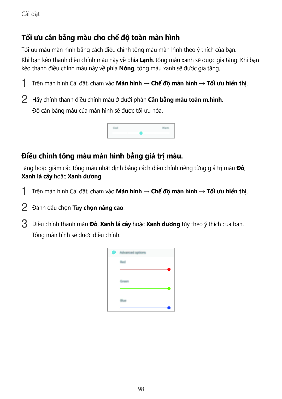 Samsung SM-J250FZSDXXV manual Tối ưu cân bằng màu cho chế độ toàn màn hình, Điều chỉnh tông màu màn hình bằng giá trị màu 
