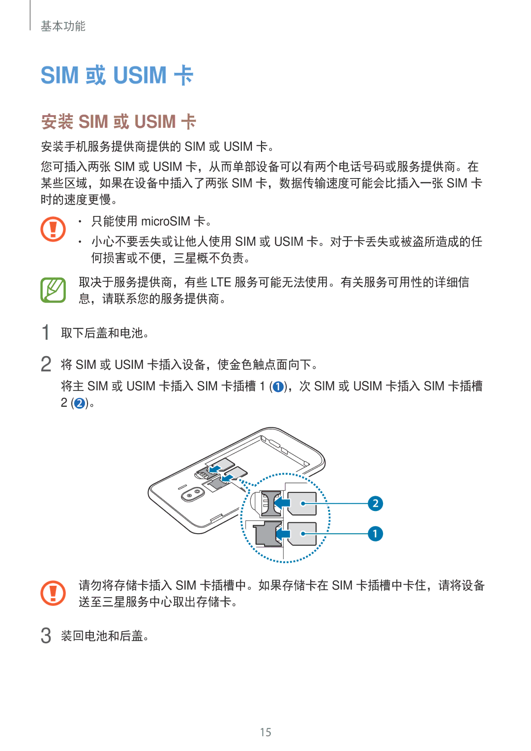 Samsung SM-J250FZDDXXV, SM-J250FZKDXXV 安装手机服务提供商提供的 SIM 或 Usim 卡。, 小心不要丢失或让他人使用 SIM 或 Usim 卡。对于卡丢失或被盗所造成的任 何损害或不便，三星概不负责。 