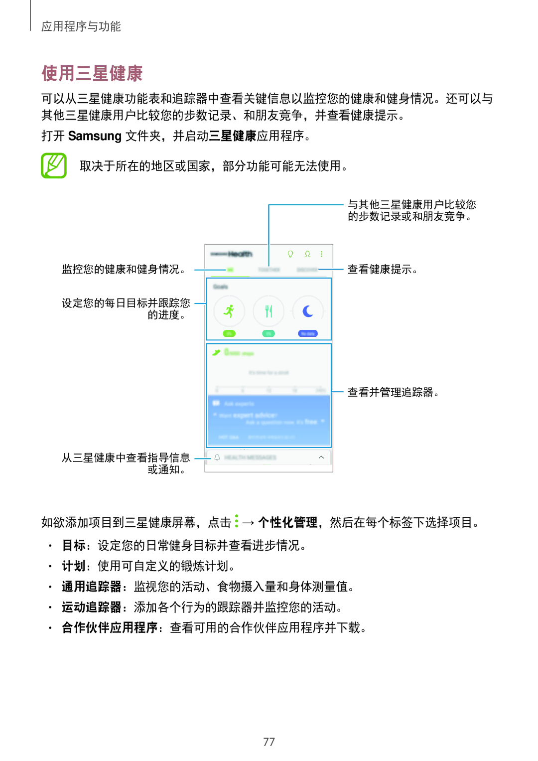 Samsung SM-J250FZSDXXV, SM-J250FZDDXXV, SM-J250FZKDXXV manual 使用三星健康, 打开 Samsung 文件夹，并启动三星健康应用程序。 取决于所在的地区或国家，部分功能可能无法使用。 