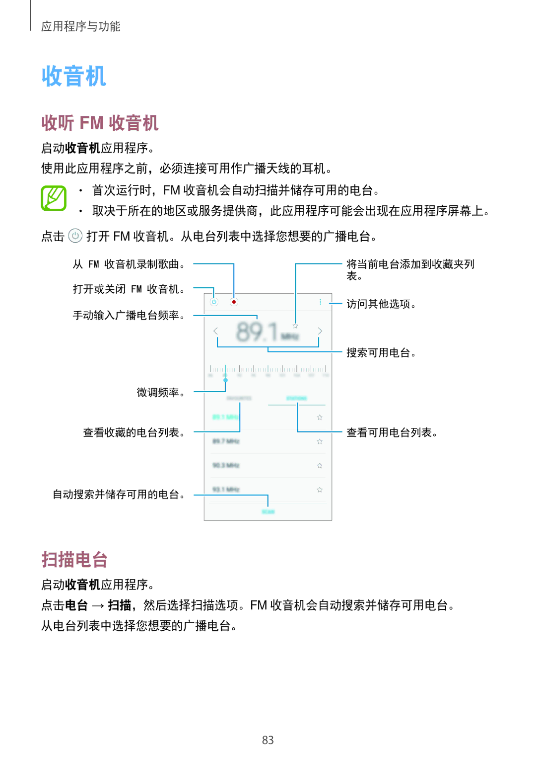 Samsung SM-J250FZSDXXV, SM-J250FZDDXXV, SM-J250FZKDXXV manual 收听 Fm 收音机, 扫描电台, 启动收音机应用程序。 