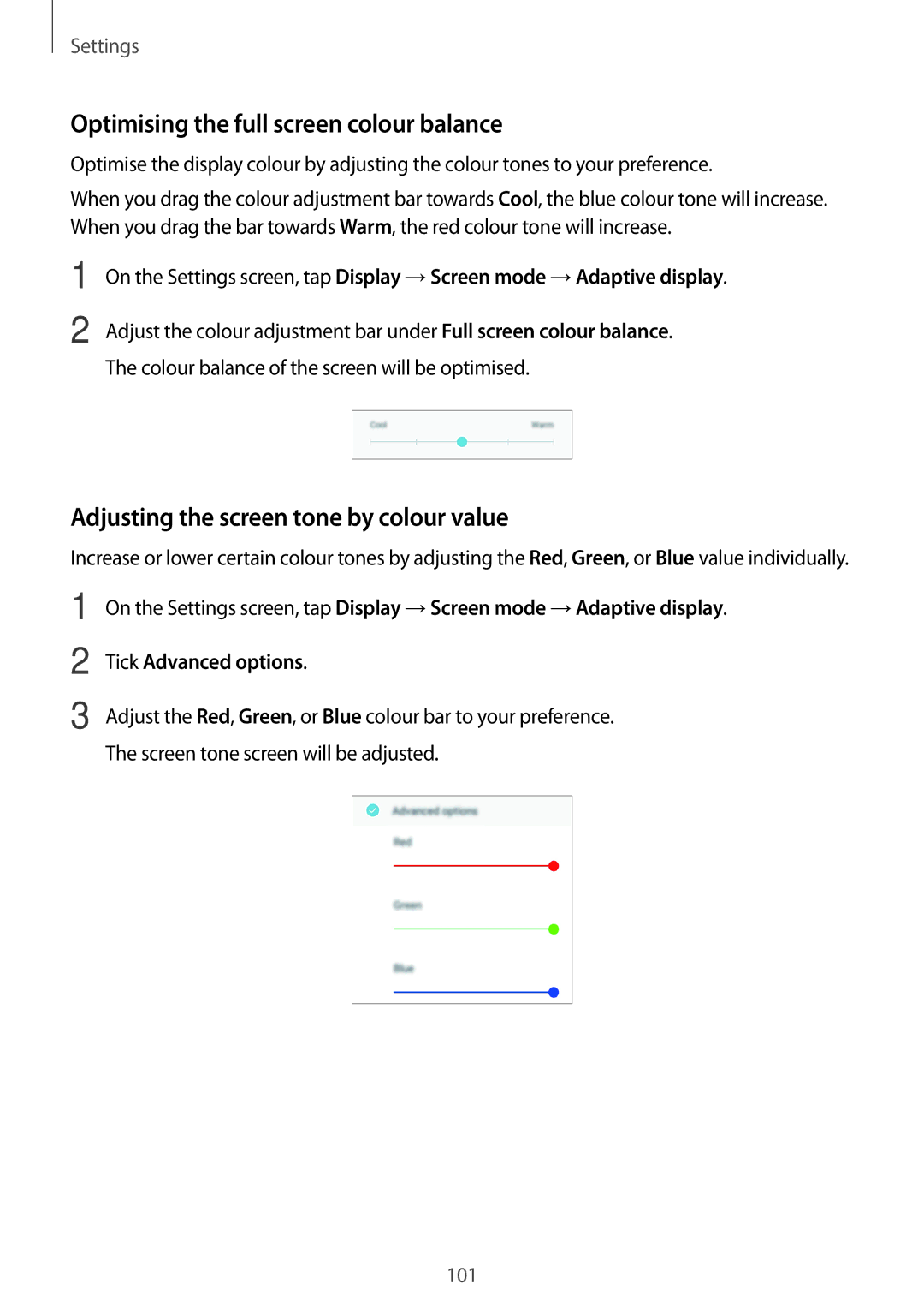 Samsung SM-J250FZSDKSA manual Optimising the full screen colour balance, Adjusting the screen tone by colour value 