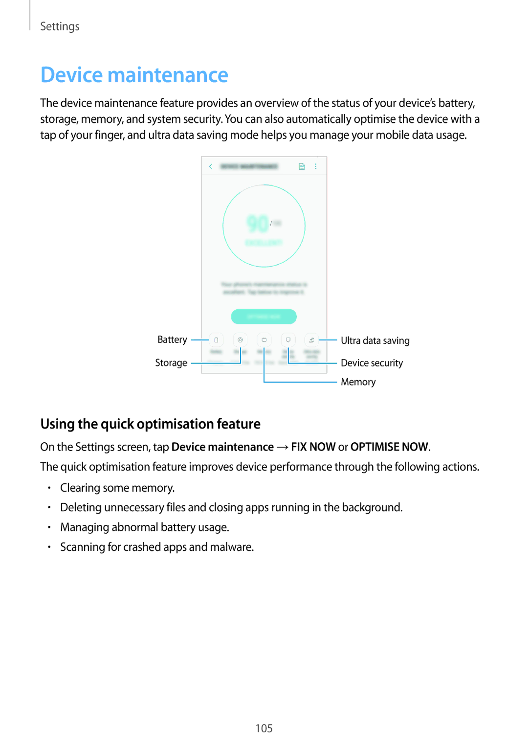 Samsung SM-J250FZDAILO, SM-J250FZKDKSA, SM-J250FZDDKSA manual Device maintenance, Using the quick optimisation feature 