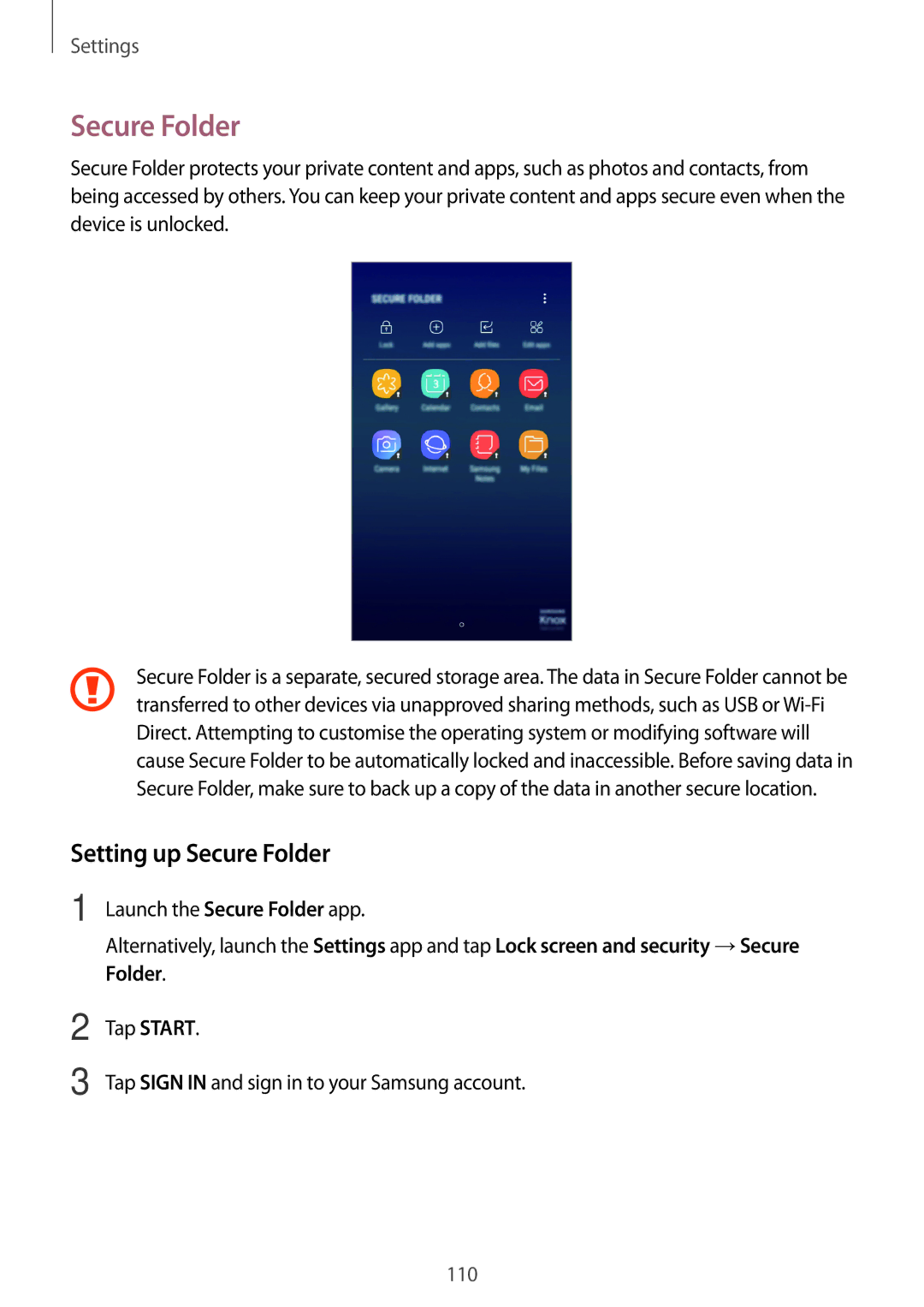 Samsung SM-J250FZSDKSA, SM-J250FZKDKSA, SM-J250FZDDKSA, SM-J250FZDDXXV, SM-J250FZKDXXV manual Setting up Secure Folder 