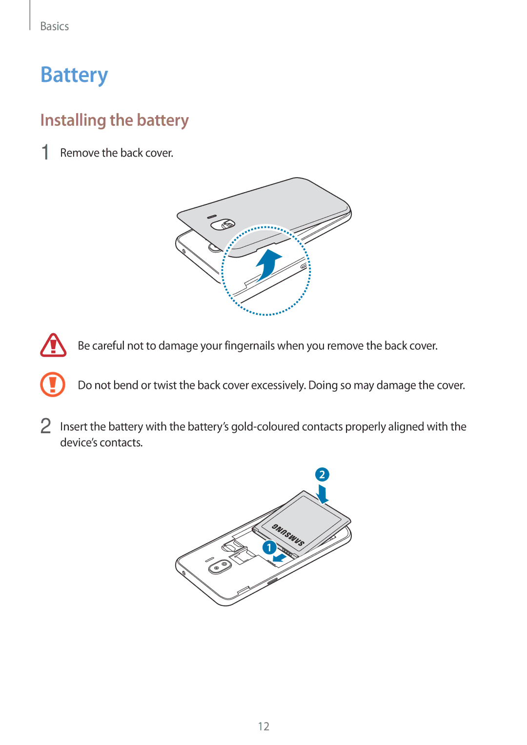 Samsung SM-J250FZDDXXV, SM-J250FZKDKSA, SM-J250FZDDKSA, SM-J250FZSDKSA, SM-J250FZKDXXV manual Battery, Installing the battery 