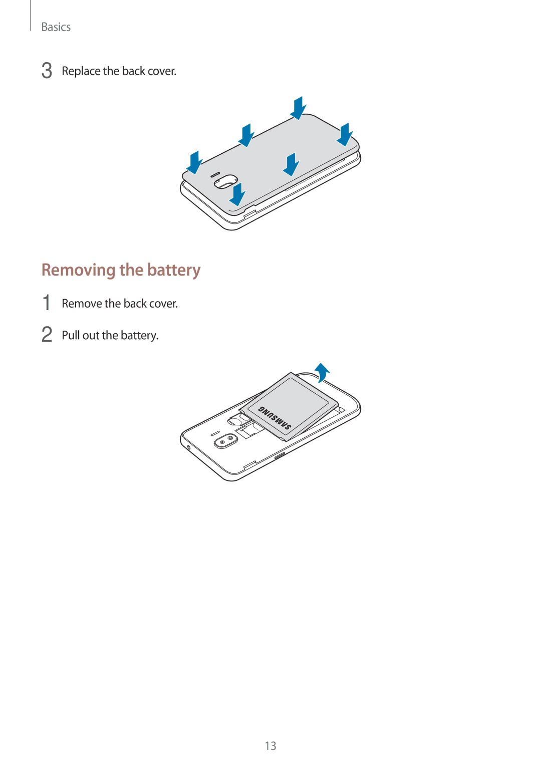 Samsung SM-J250FZKDXXV manual Removing the battery, Replace the back cover, Remove the back cover Pull out the battery 