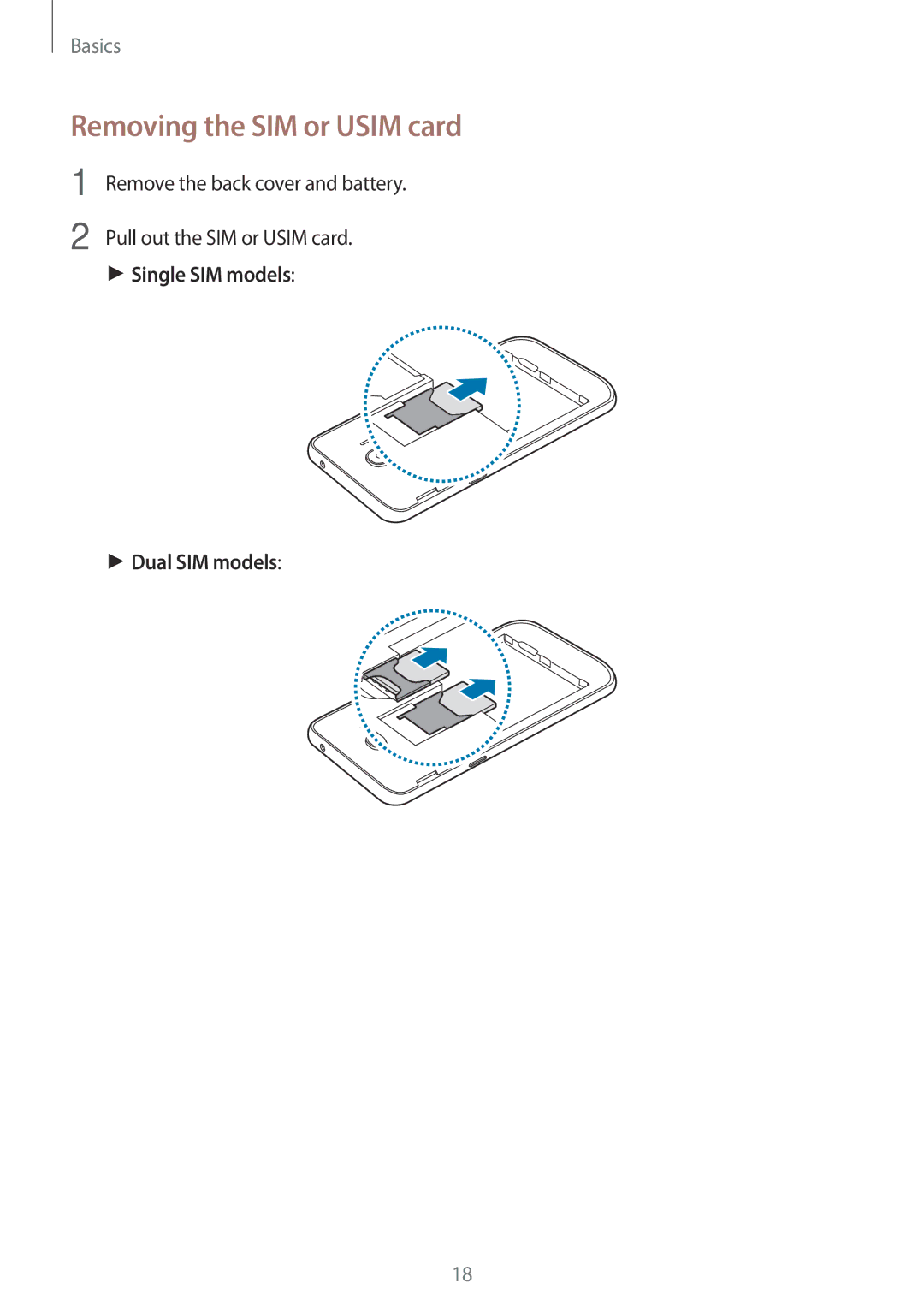 Samsung SM-J250FZKDKSA, SM-J250FZDDKSA, SM-J250FZSDKSA Removing the SIM or Usim card, Single SIM models Dual SIM models 