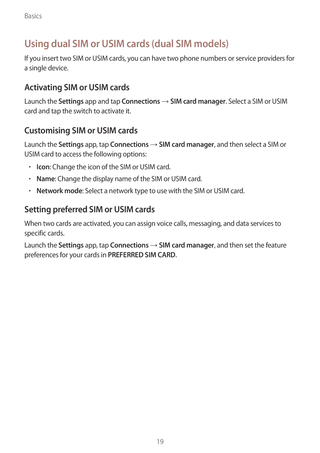 Samsung SM-J250FZDDKSA, SM-J250FZKDKSA manual Using dual SIM or Usim cards dual SIM models, Activating SIM or Usim cards 